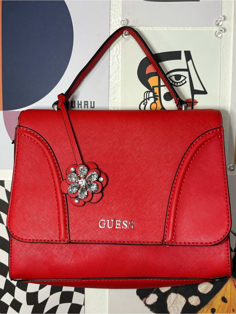 GUESS Red Structured Satchel with Crystal Flower Charm